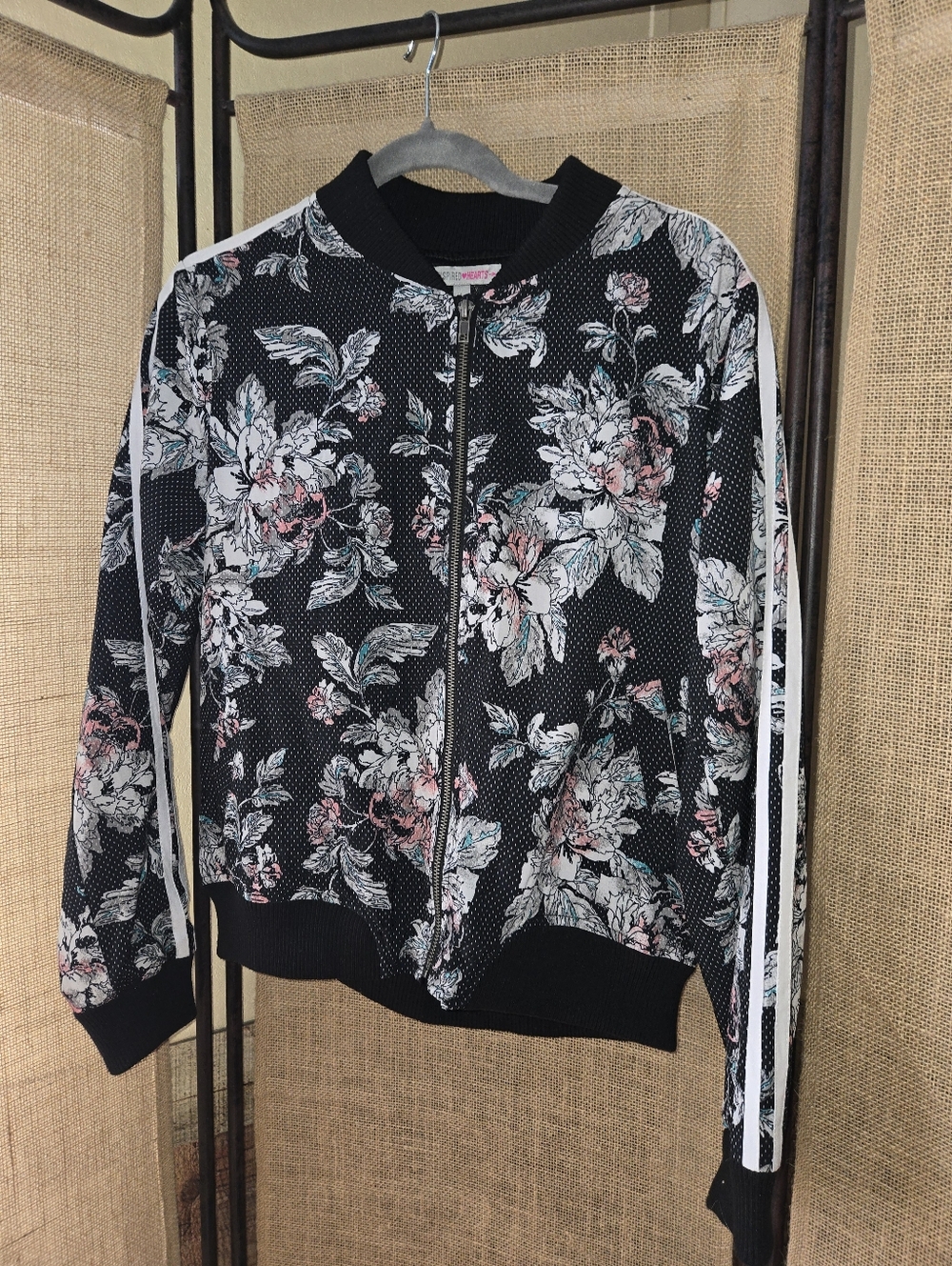 Women's Inspired Hearts Floral Polka Dot Stripe Zip Bomber Jacket - Black/Multi - Picture 1 of 13